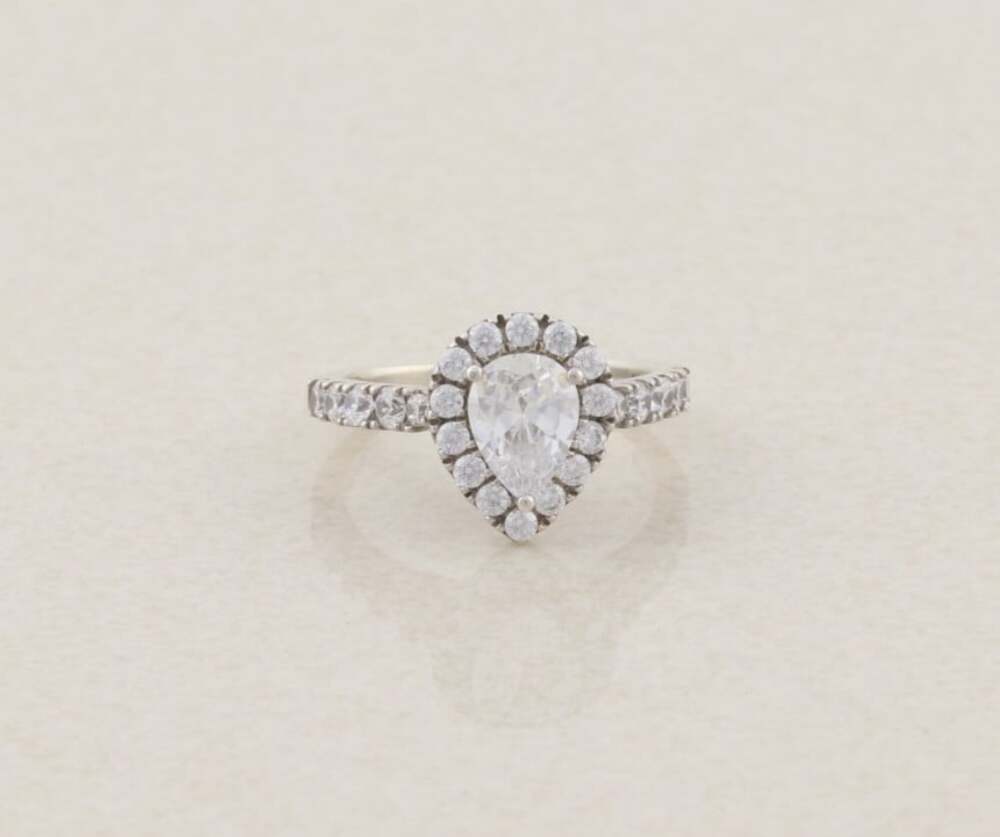 Sterling Silver Sparkly Pear Cut Halo Cubic Zirconia Ring 6 1/4 Engagment Ring